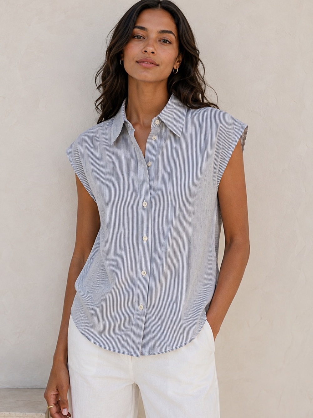 Vince Ticking Stripe Linen Cotton Cap Sleeve button down Blouse S